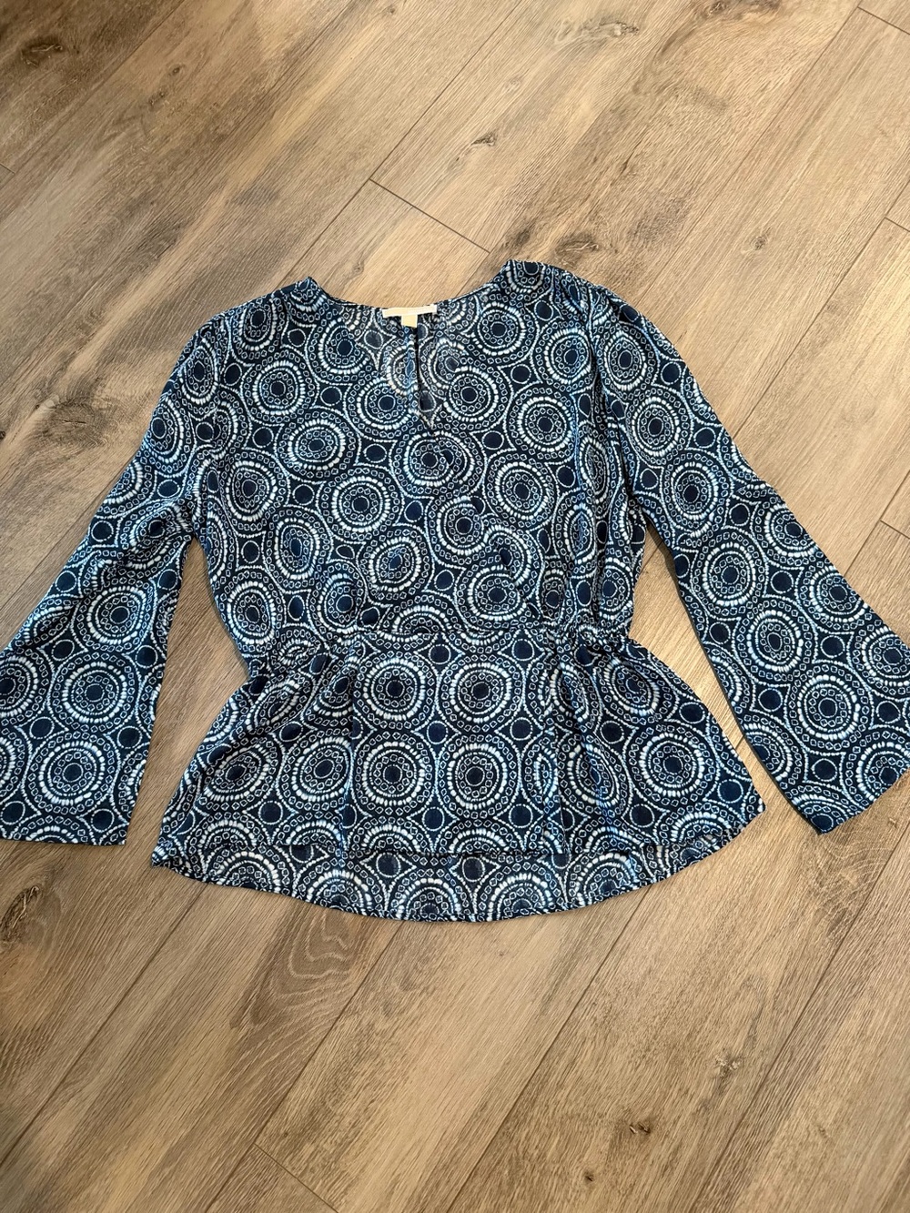 Michael Kors Navy Blue Printed Peplum Tie-Waist Tunic